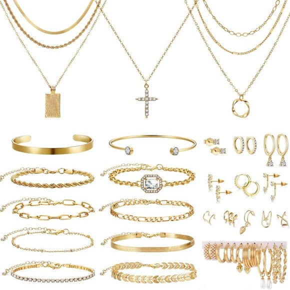 Gold Plated Jewelry Set for Women Multi Layered Necklaces Bracelets Rings Earrin - Picture 1 of 7